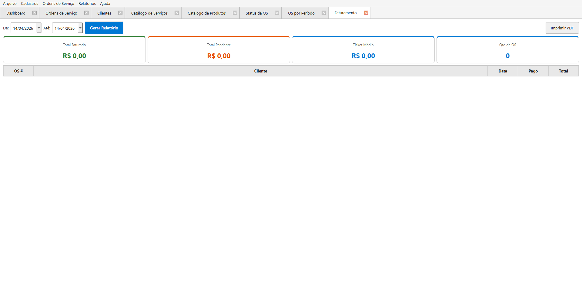 Relatório de faturamento com total, pendente e ticket médio
